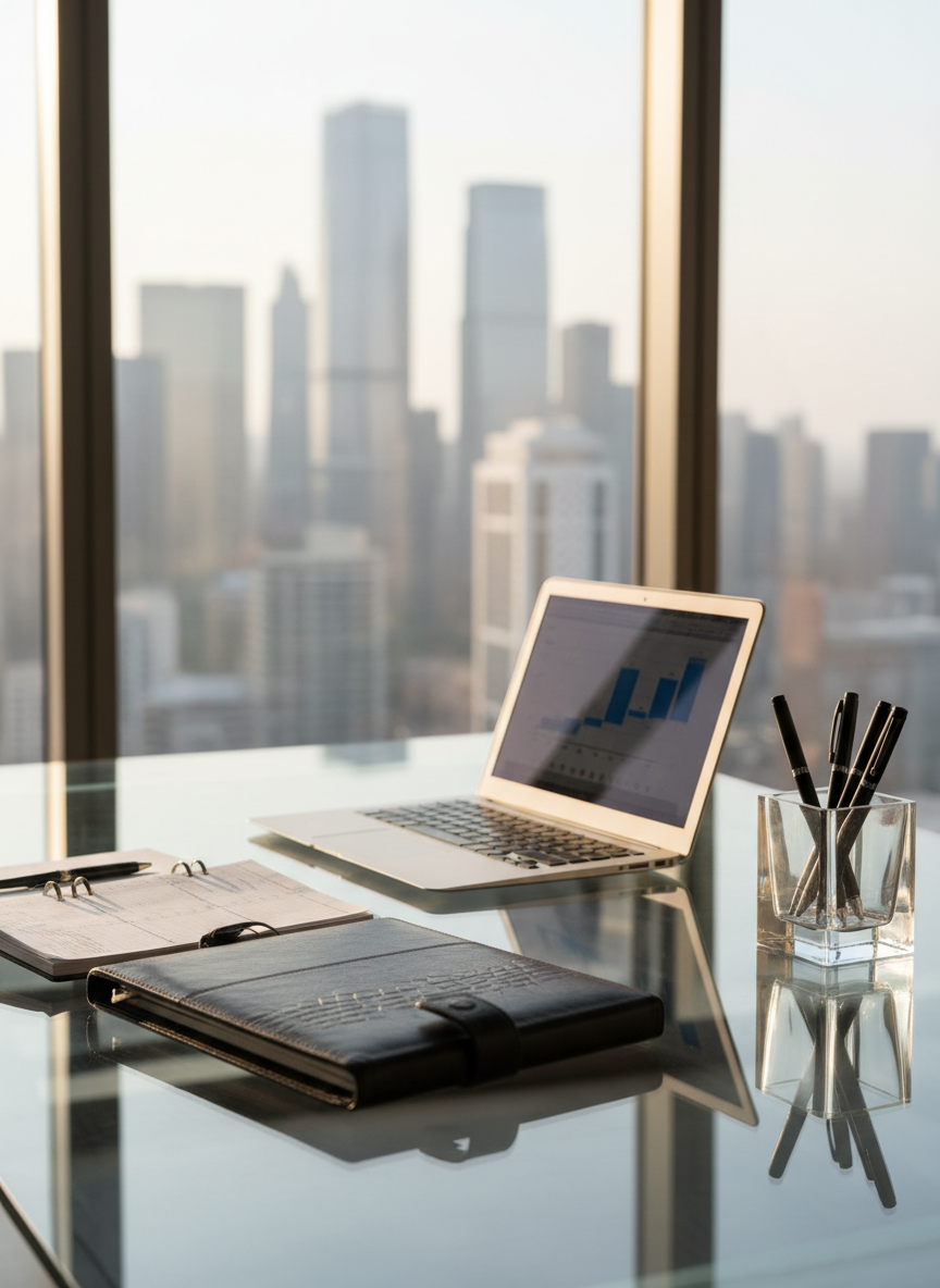 A sleek, glass-topped executive desk holds a meticulously arranged leather planner, brushed-metal laptop, and a crystal-clear pen holder filled with fine black pens. Behind the desk, a panoramic city skyline is visible through floor-to-ceiling windows, with modern office towers fading softly into the distance. Late afternoon natural light pours in, creating crisp reflections on the glass surface and subtle shadows along the desk’s edges. Photographic realism at eye level, with a clean, modern aesthetic and sharp focus on the work surface, conveys professional business services and strategic consulting, while the background remains gently blurred for a calm, authoritative mood.