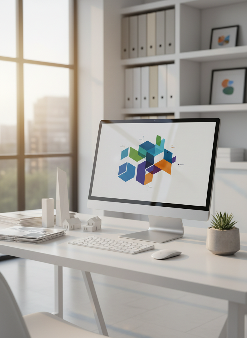 A bright, contemporary workspace with a smooth white desk holding a slim monitor showing an abstract dashboard of colored blocks and shapes, a wireless keyboard, and a small succulent in a concrete pot. To one side, a stack of real estate brochures and tiny architectural models symbolize property management and investment services. Morning sunlight streams through a large nearby window, creating a warm glow and faint reflections on the screen. The background shows blurred shelves with neatly arranged binders in soft, neutral tones. Captured at a three-quarter angle in clean, photographic realism, the image feels organized, forward-thinking, and supportive of multi-faceted business services under one unified group.