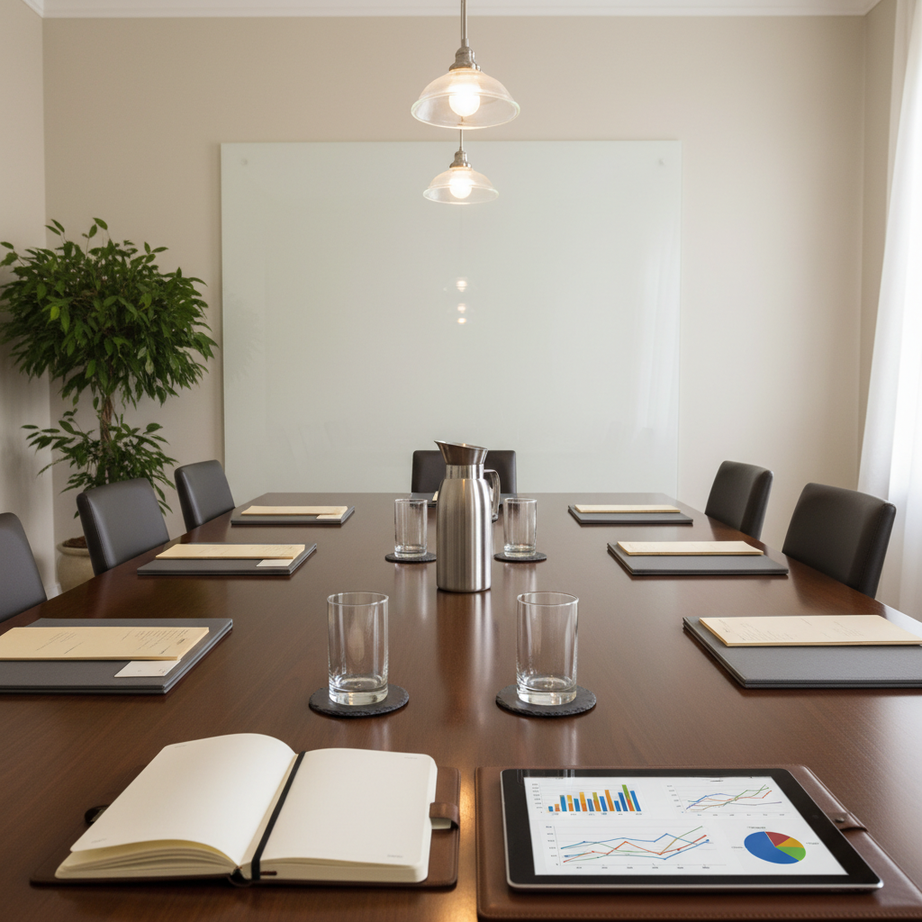 An elegant, dark-wood conference table stretches into the frame, topped with neatly aligned folders, a brushed-steel carafe of water, and minimalist glass tumblers on slate coasters. At the center, an open notebook and a tablet display abstract charts and graphs without legible text. The room features neutral walls, a large frosted-glass panel, and a potted green plant in the corner. Soft overhead pendant lighting and diffused daylight from an unseen window cast gentle, even illumination. Shot from a slightly elevated angle in photographic realism, the composition emphasizes clarity, trust, and high-end professional consultations focused on business strategy and financial planning.